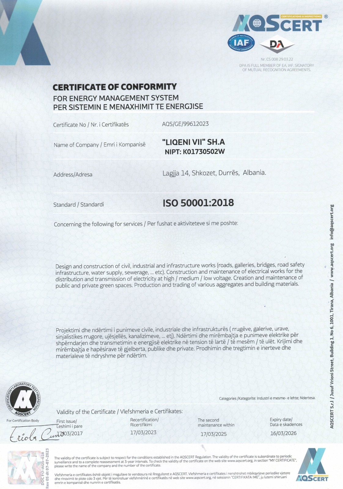 Certifikatë ISO